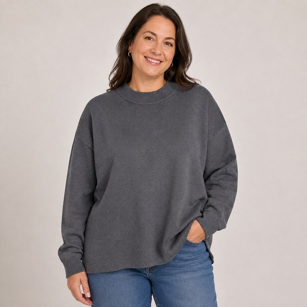 MUJI Womens Wool Blend Knit Sweater Mock Neck Relaxed Fit Gray Med Long Sleeve